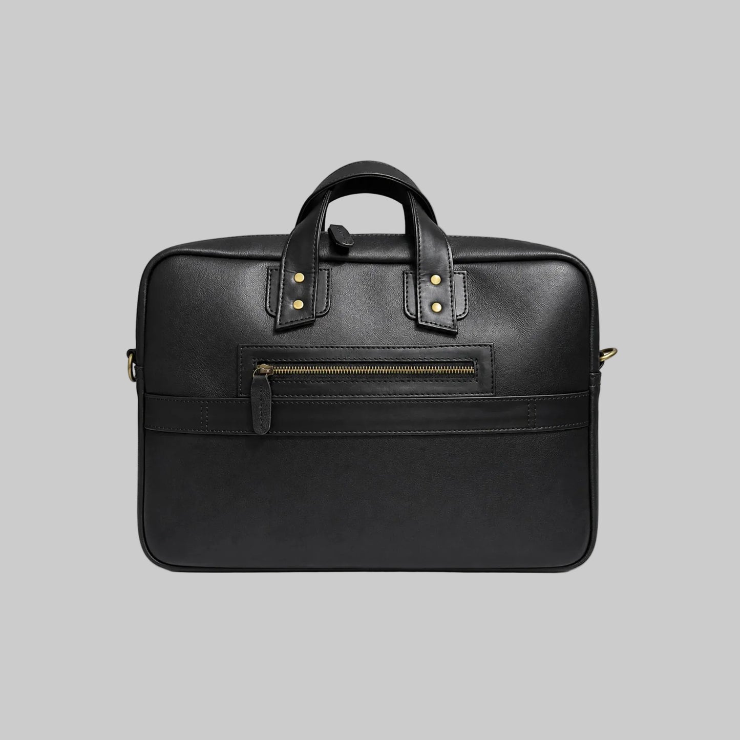 Black leather briefcase with gold zipper on a white background