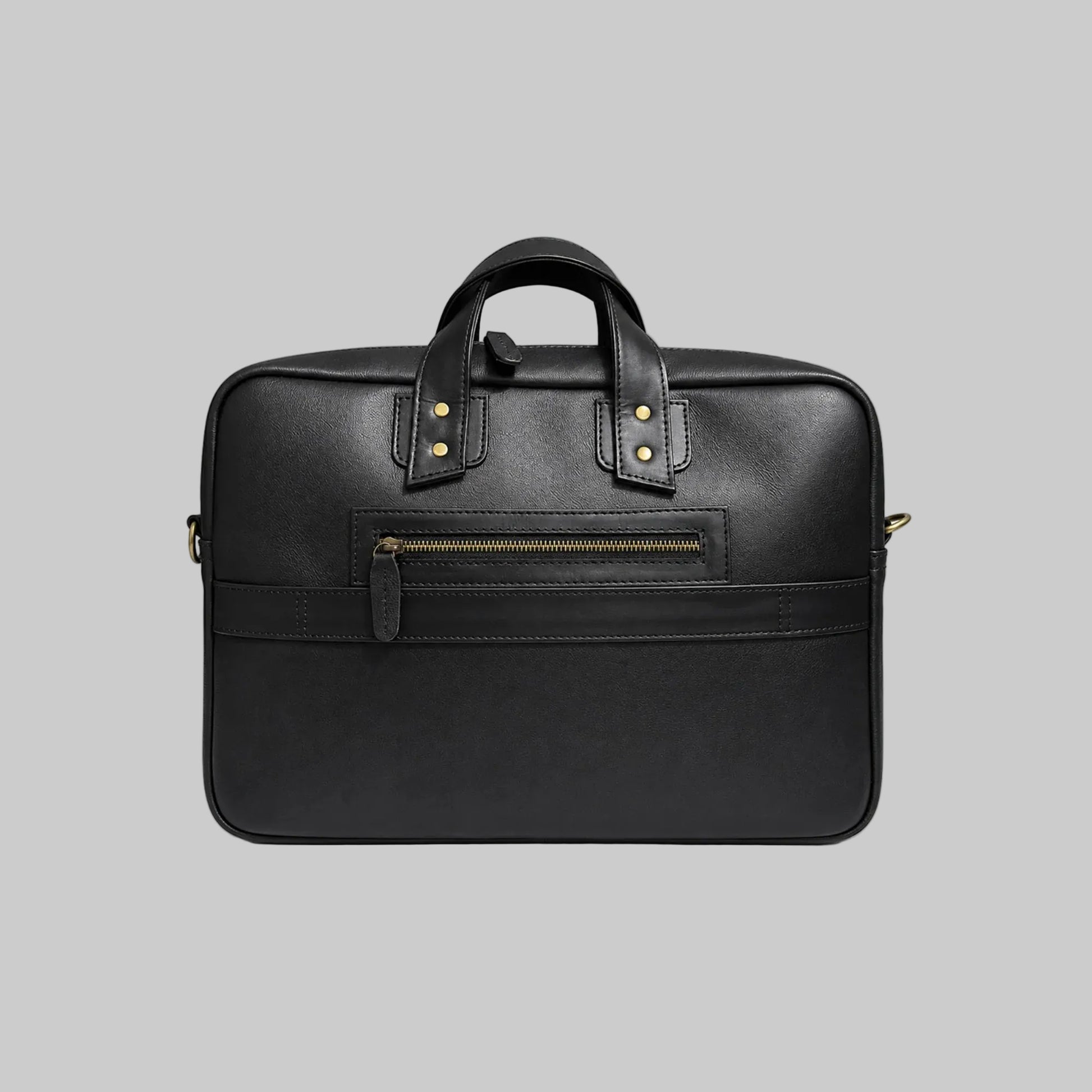 Black leather briefcase with gold zipper on a white background