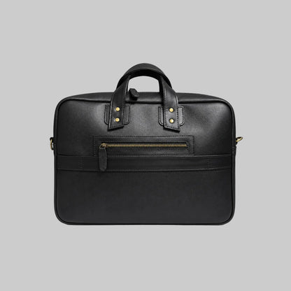 Black leather briefcase with gold zipper on a white background