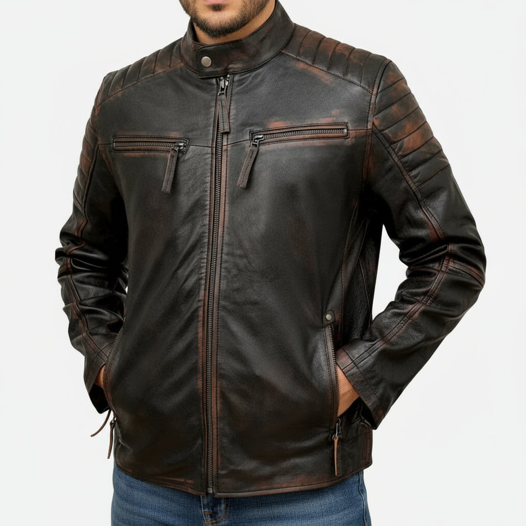 Brown leather jacket worn by a person on a white background