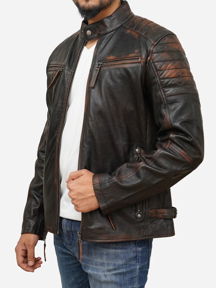Man wearing a dark brown leather jacket on a white background