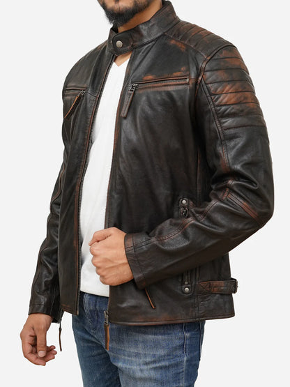 Man wearing a dark brown leather jacket on a white background
