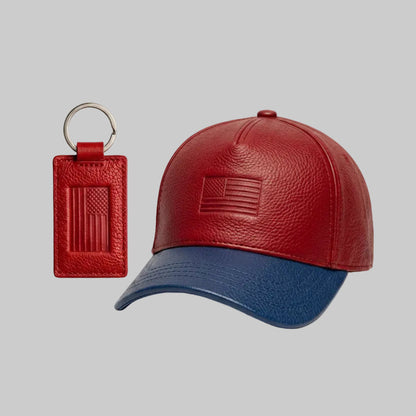 Red and blue cap with matching keychain on a white background, promotional text overlay.