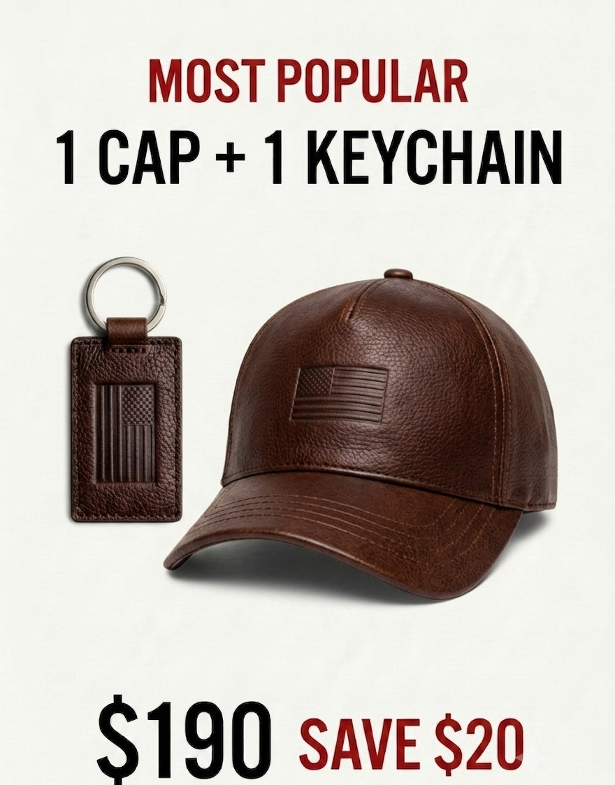 US Flag Leather Cap & Keychain Set – $190 Bundle