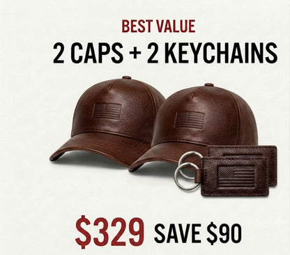 2 USA Leather Caps & 2 Keychains Bundle – $329