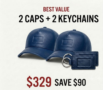 2 USA Leather Caps & 2 Keychains Bundle – $329