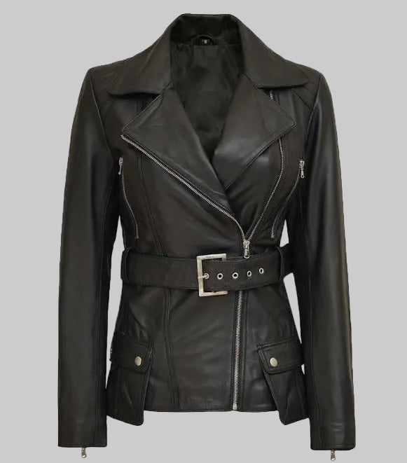 Black leather jacket with a belt on a white background