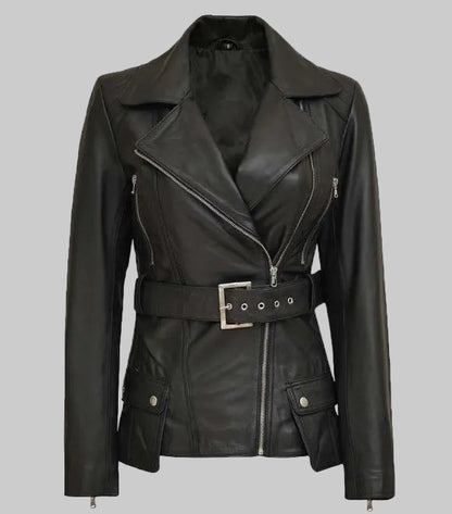 Black leather jacket with a belt on a white background