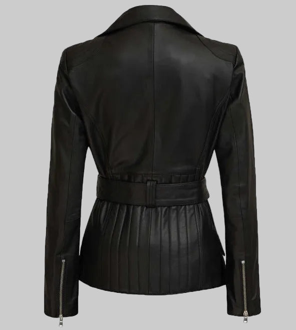 Black leather jacket with a belt on a white background