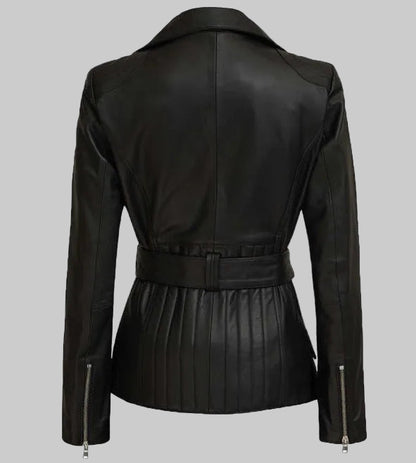 Black leather jacket with a belt on a white background