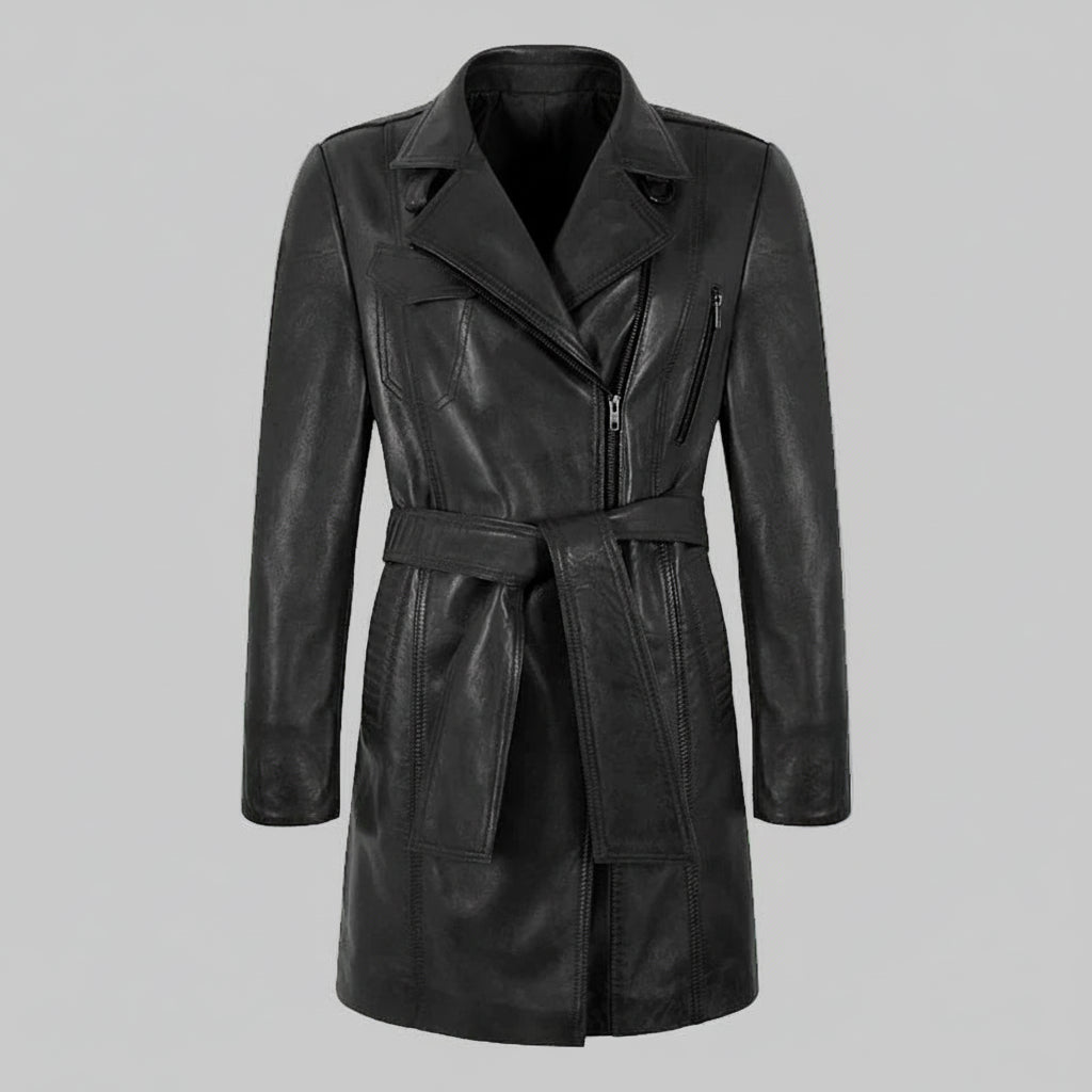 Black leather coat with a belt on a light beige background