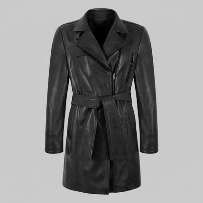 Black leather coat with a belt on a light beige background