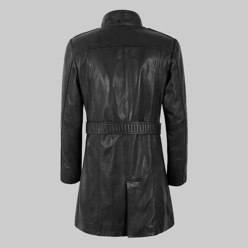 Black leather coat on a light beige background