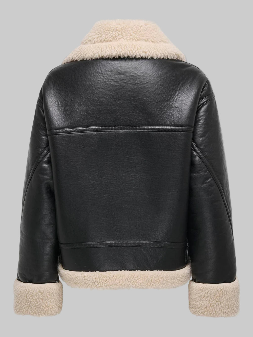 Black leather jacket with beige shearling collar, cuffs, and hem on a white background