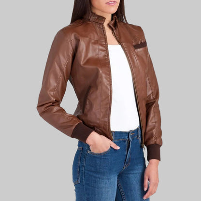 Brown leather jacket worn by a person on a white background