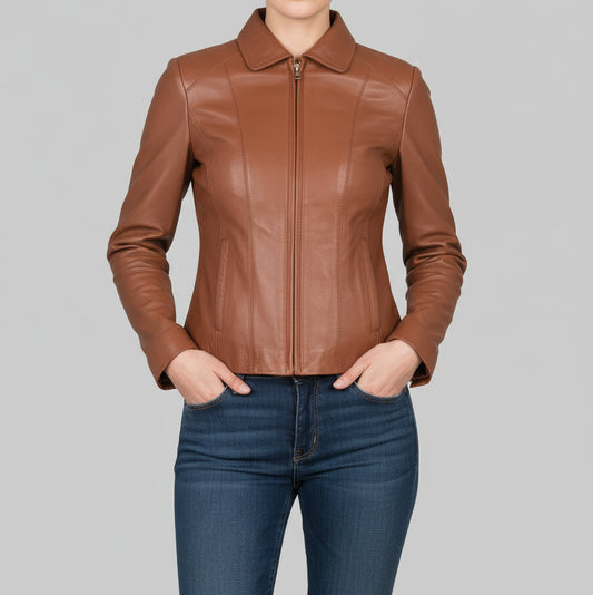 Brown leather jacket on a white background
