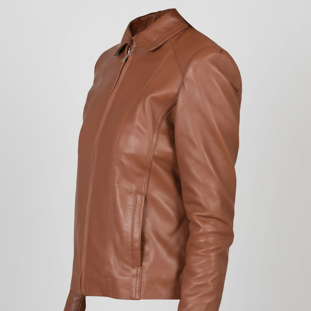 Brown leather jacket on a white background