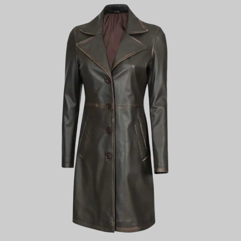 Dark green leather coat on a white background