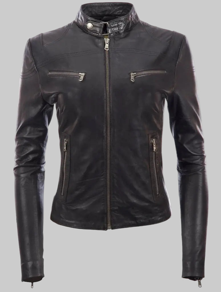 Black leather jacket with zippers on a white background