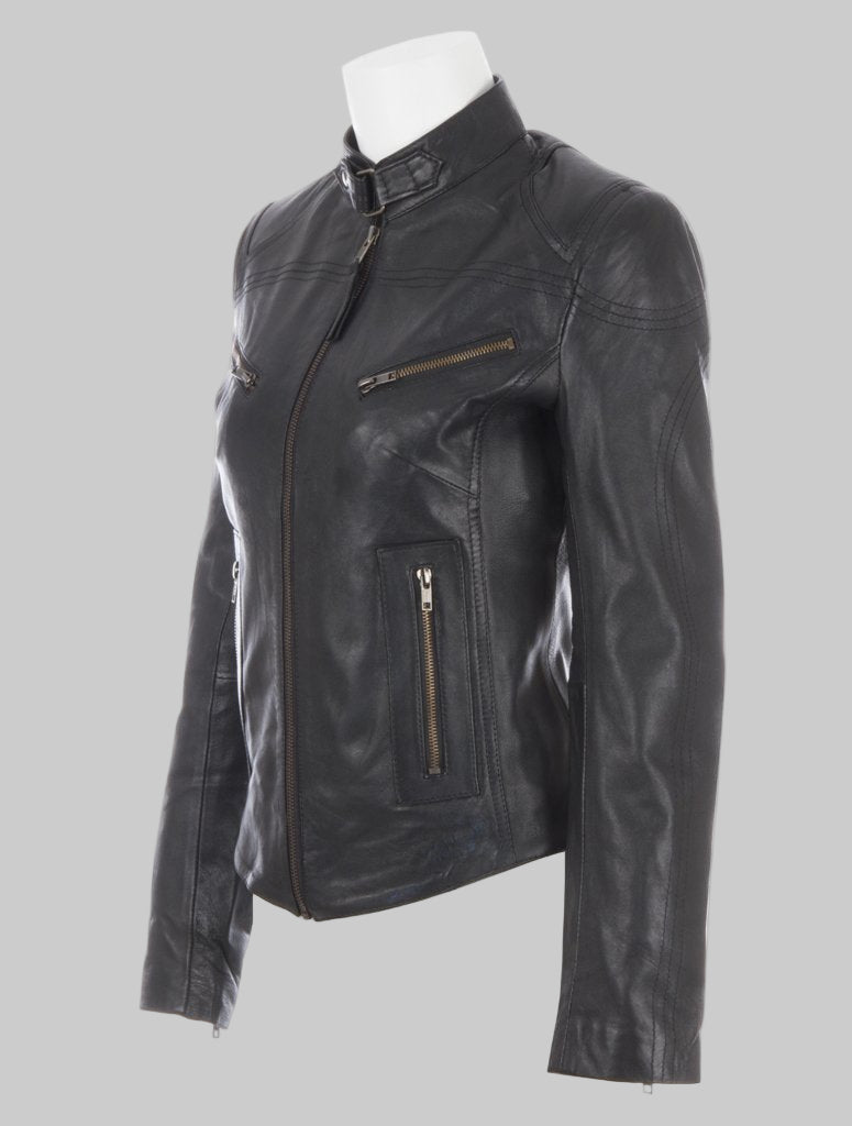 Black leather jacket on a mannequin against a white background