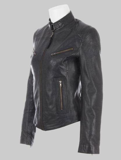 Black leather jacket on a mannequin against a white background
