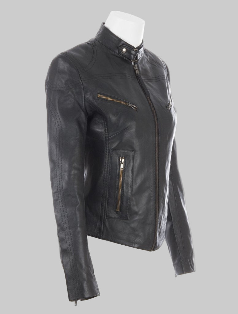 Black leather jacket on a mannequin against a white background