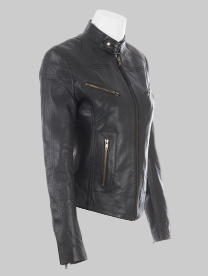 Black leather jacket on a mannequin against a white background