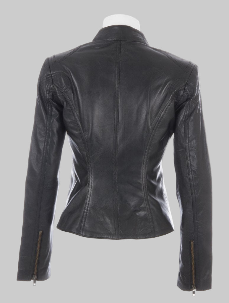 Black leather jacket on a mannequin against a white background
