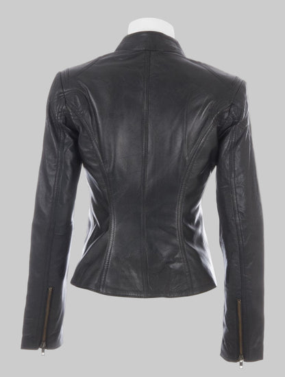 Black leather jacket on a mannequin against a white background