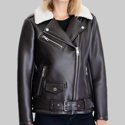 Black leather jacket with white fur collar on a white background