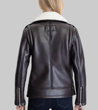 Black leather jacket with white fur lining on a white background