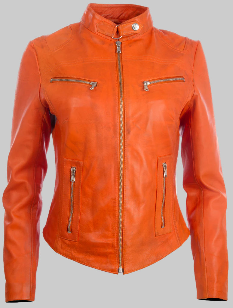 Orange leather jacket with zippers on a white background