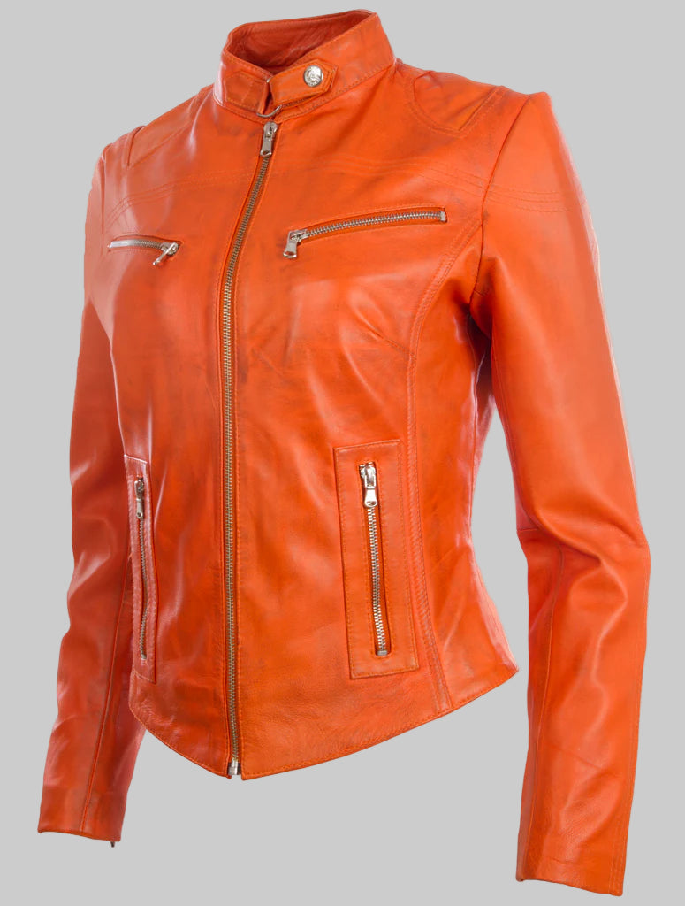 Orange leather jacket with zippers on a white background