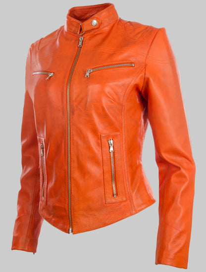 Orange leather jacket with zippers on a white background