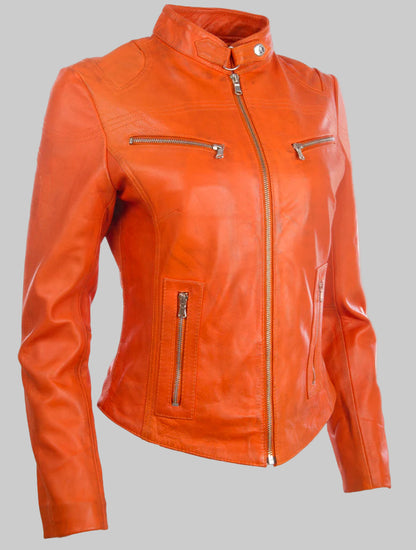Orange leather jacket with zippers on a white background