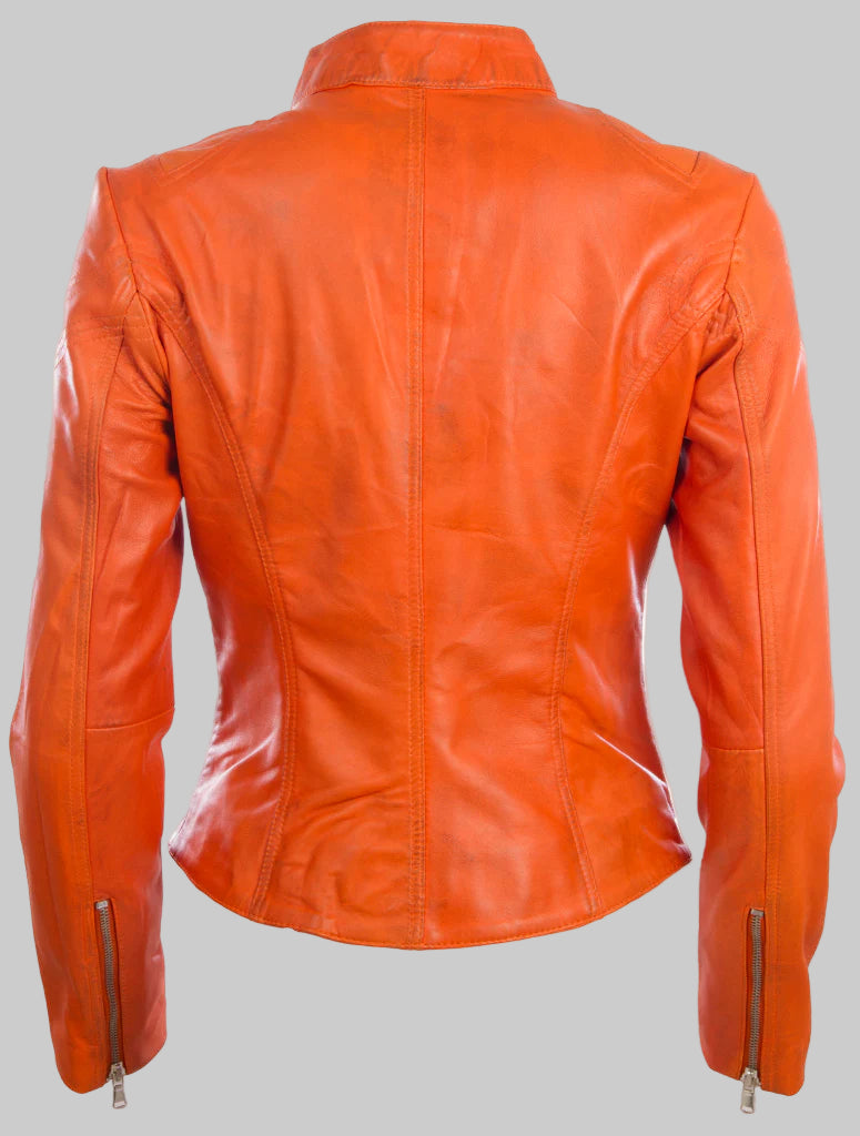 Orange leather jacket on a white background