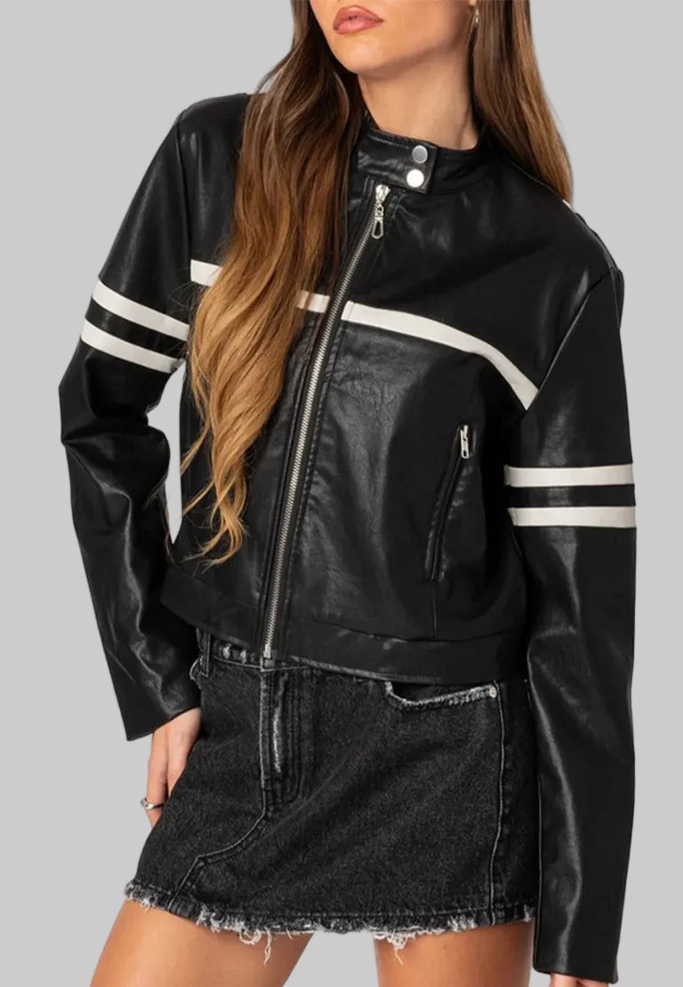 Black leather jacket with white stripes worn by a model on a white background