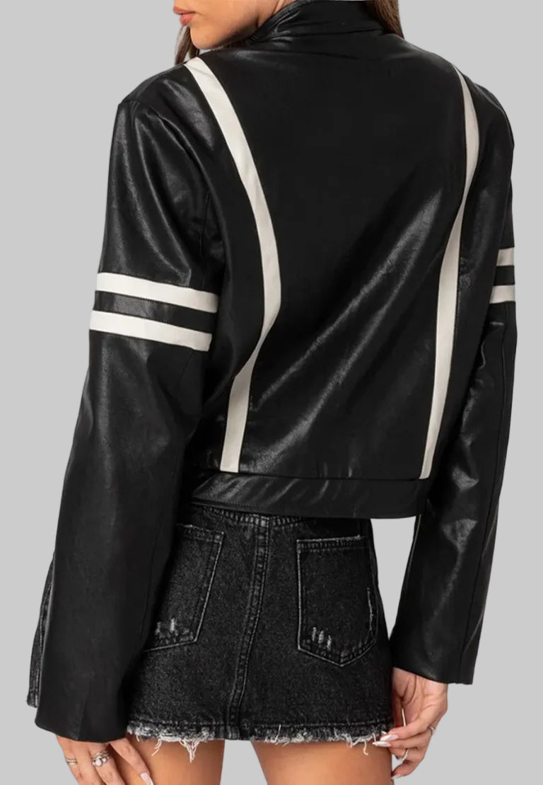 Black leather jacket with white stripes on sleeves and back, worn by a person.