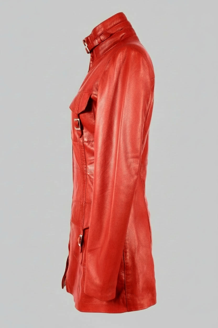 Red leather trench coat on a white background