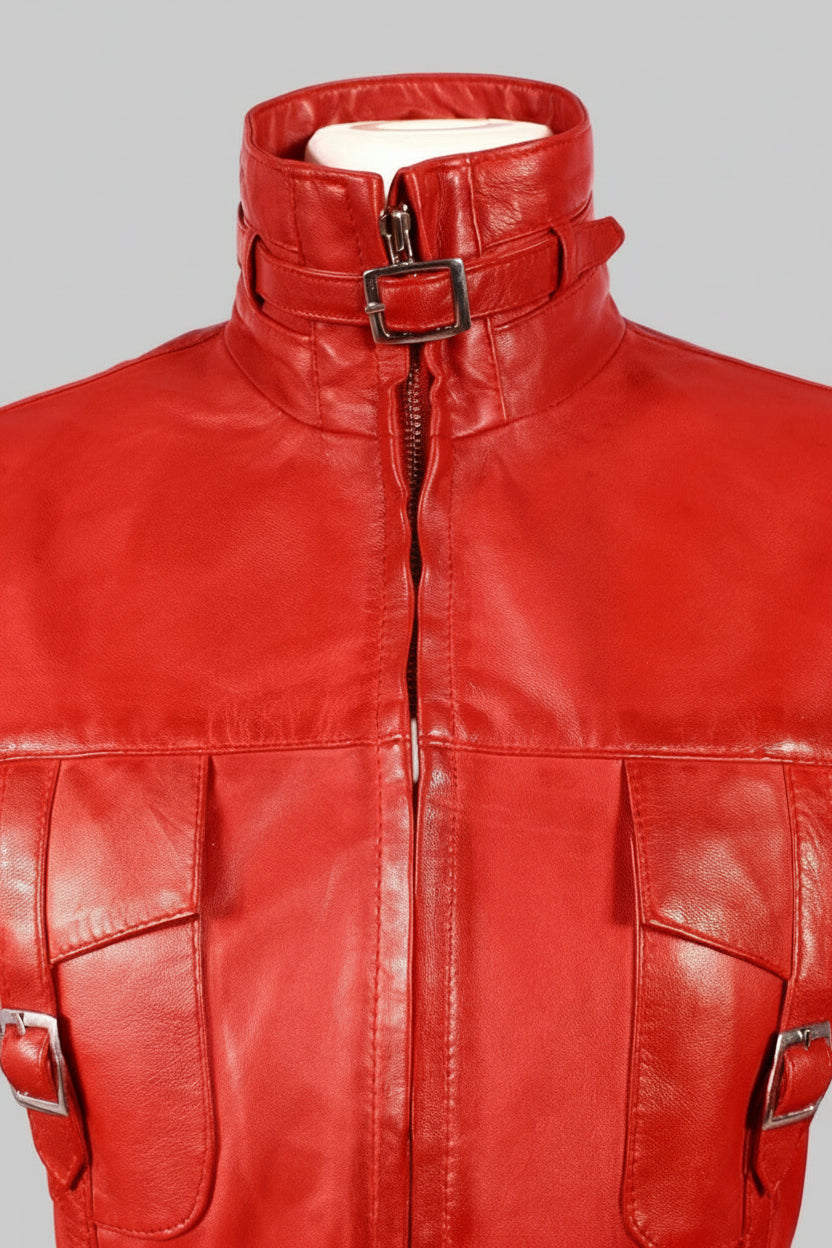 Red leather jacket with a high collar and silver zippers on a white background