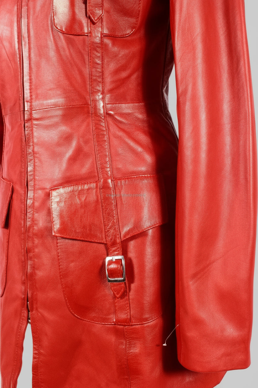 Red leather jacket with a buckle detail on a white background