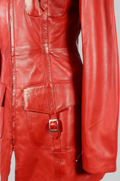 Red leather jacket with a buckle detail on a white background