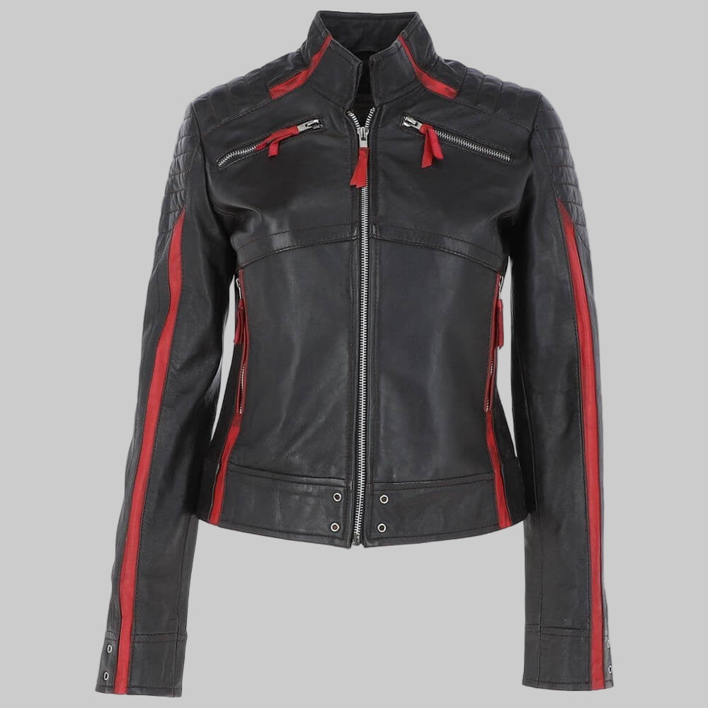 Women’s Red Stripes Black Leather Jacket
