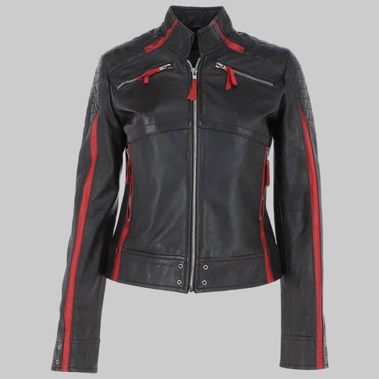 Women’s Red Stripes Black Leather Jacket