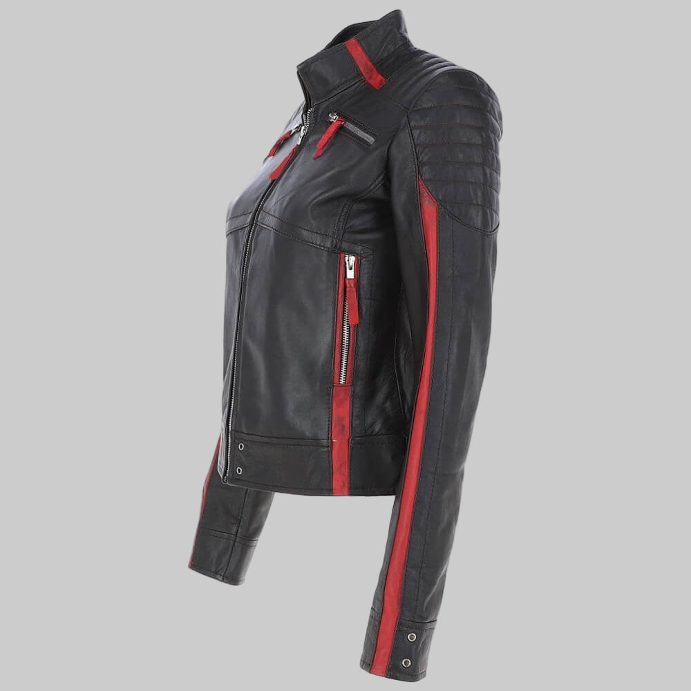 Women’s Red Stripes Black Leather Jacket