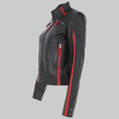 Women’s Red Stripes Black Leather Jacket