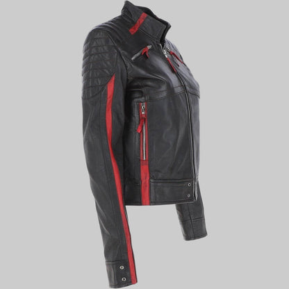 Women’s Red Stripes Black Leather Jacket