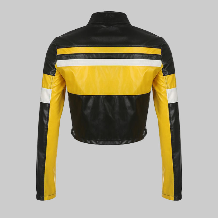 Black and yellow leather jacket with reflective stripes on a white background