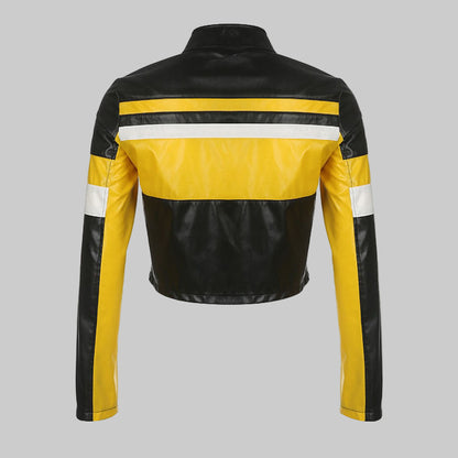 Black and yellow leather jacket with reflective stripes on a white background