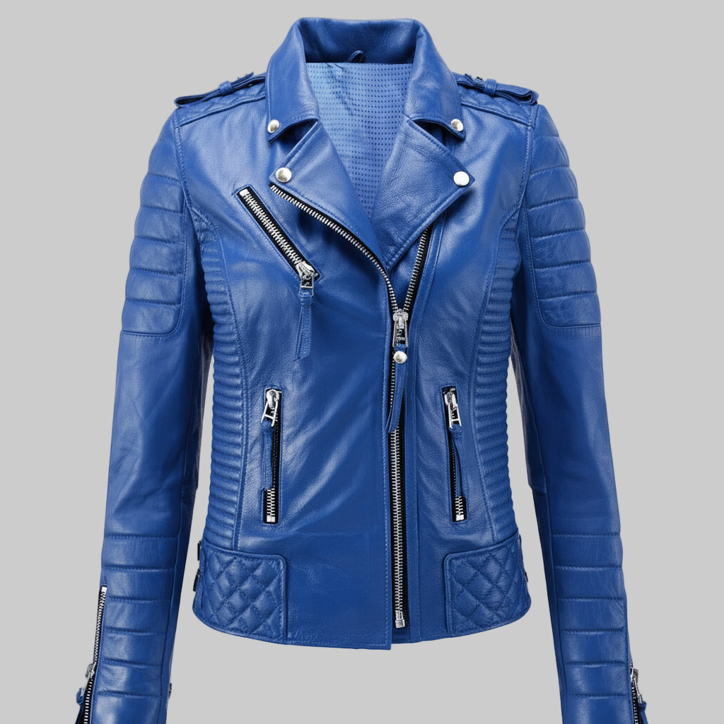Blue leather jacket with zippers on a white background